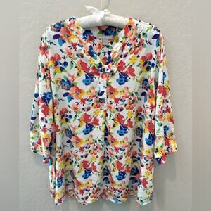 🆕 WOMAN WITHIN | Plus Size White Floral Tab Front 3/4 Sleeve Blouse | 18/20